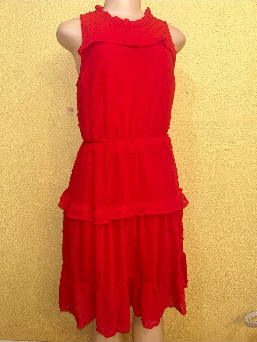#47Monteau Bright Red Textured Ruffle Tiered Midi Dress